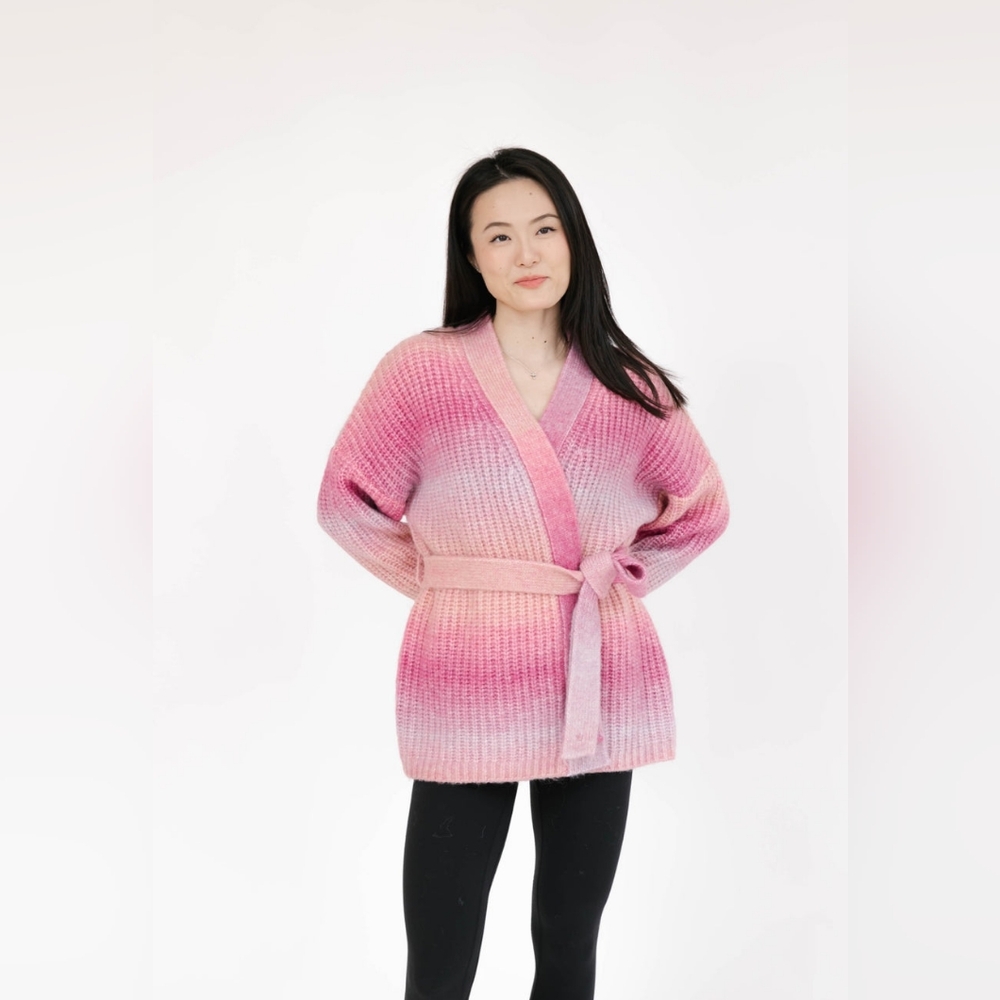 Smash + Tess Pink Ombre Belted Ribbed Knit Cardigan